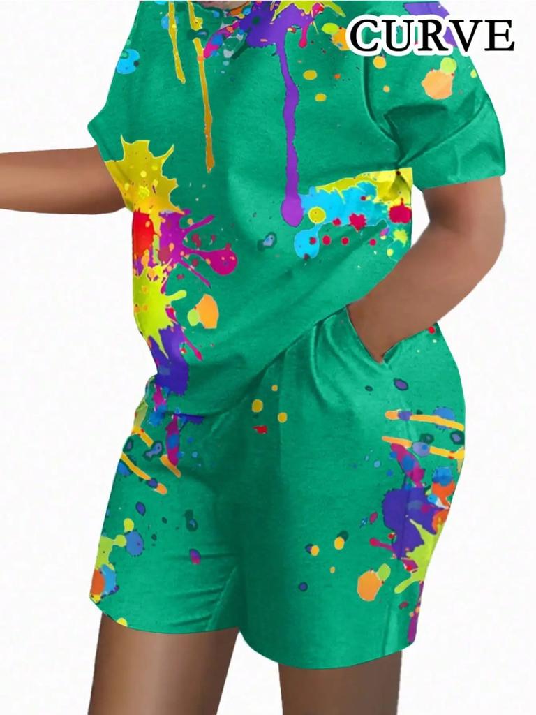 Летние красочные принты женские комплекты из двух частей повседневные футболки с коротким рукавом и круглым вырезом и шорты домашняя одежда шорты с коротким рукавом из двух частей