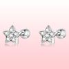Crystal silver stars, screw-on stud earrings, 925 silver