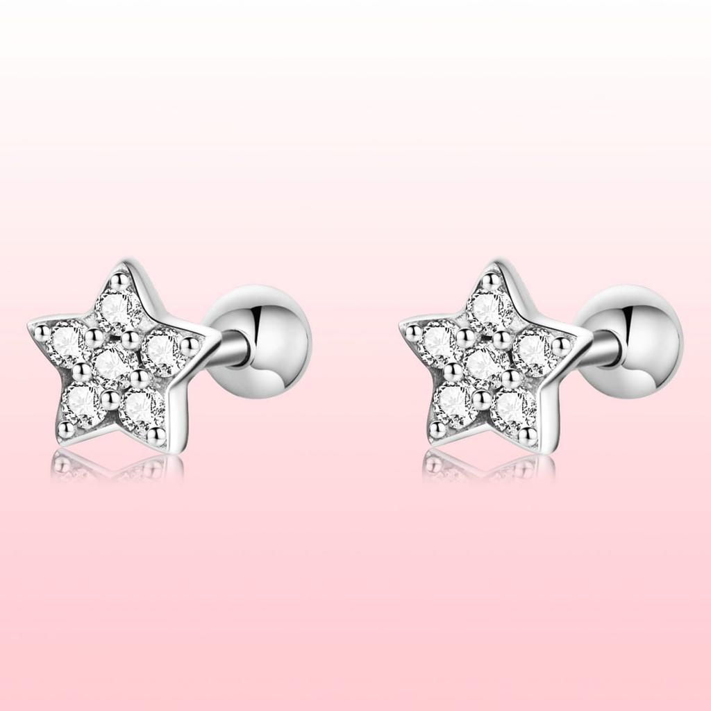 Crystal silver stars, screw-on stud earrings, 925 silver