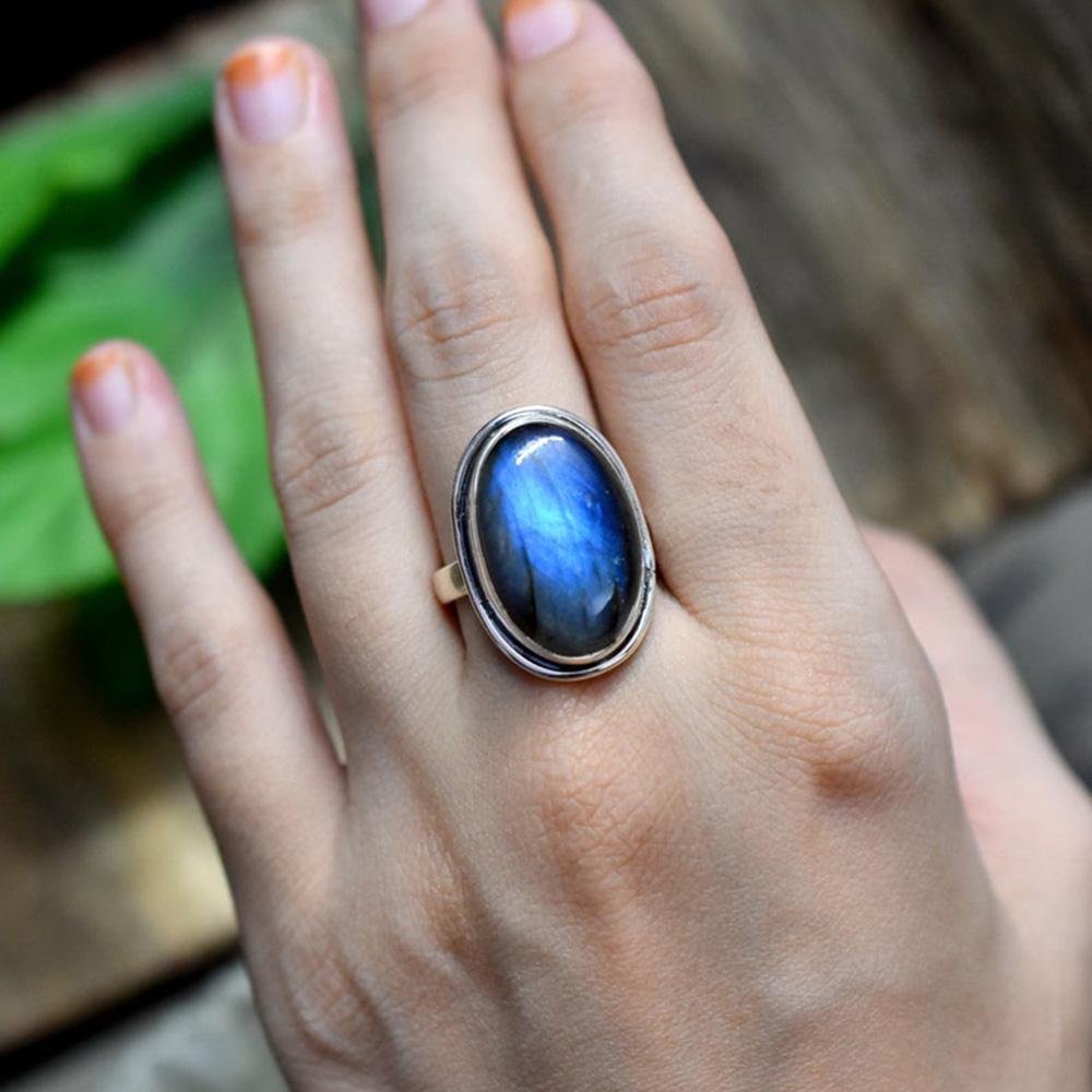 Labradorite Ring for Women, 925 Sterling Silver Ring, Boho Ring, Natural Blue Stone Ring, Statement Ring