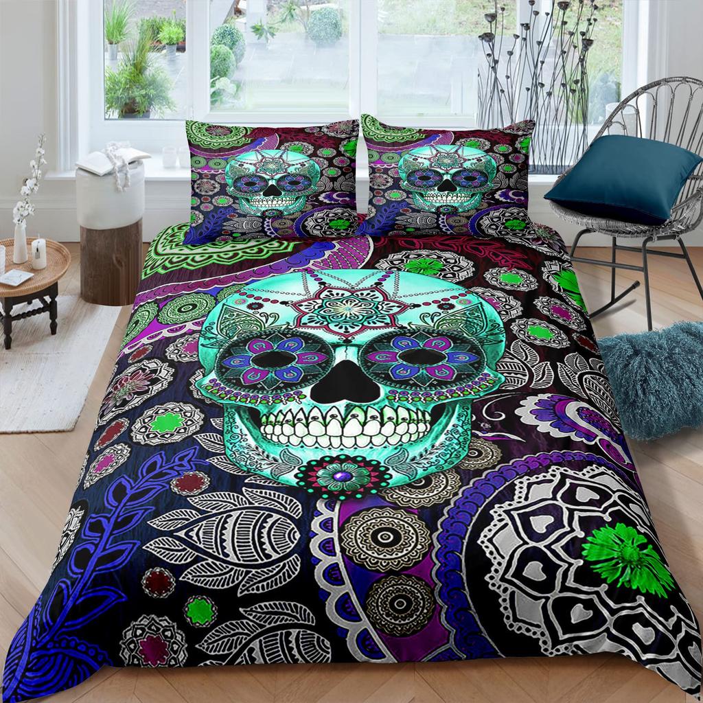 Yellow Sugar Skull Print Home Bedding Sets Duvet Cover Pillowcase Microfiber King Queen Double Twin Polyester Comforter Cover