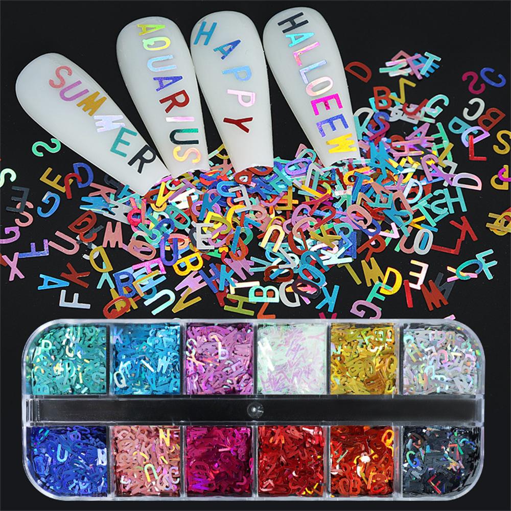12 Grids/Box Letters Glitter Nail Art Sequins Creative Design Nail Art Glitter Sequins for Finger Decoration Home Nail DIY