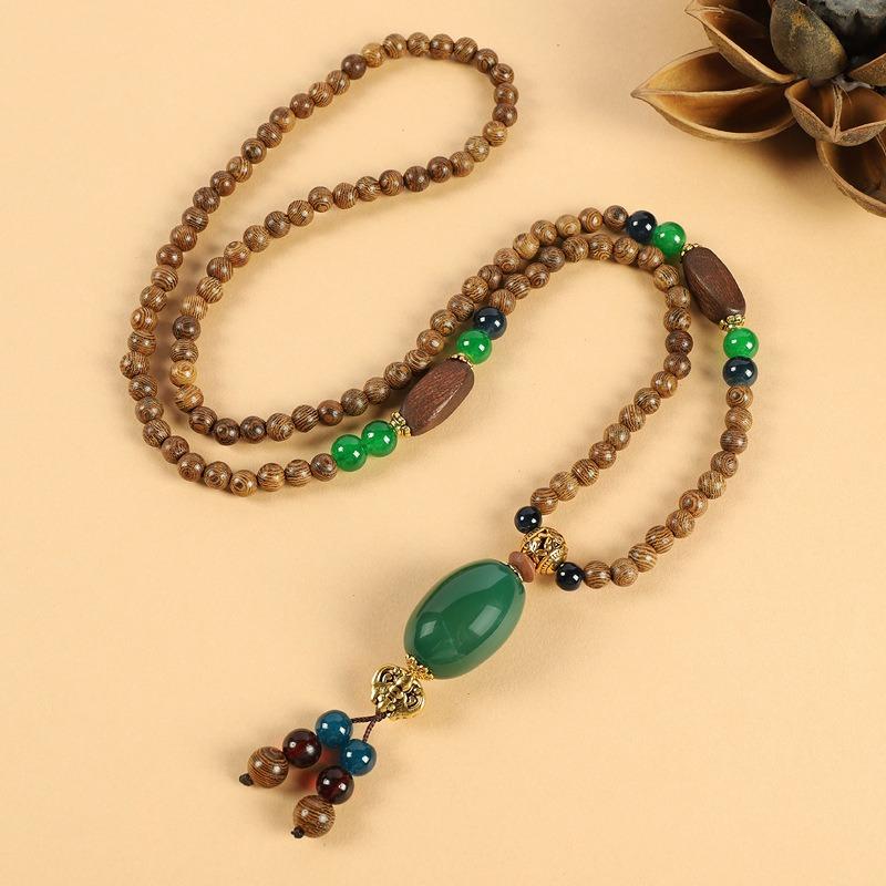 Retro Versatile Men's and Women's Sweater Chain Long High-end Wooden Pendant Buddha Bead Necklace Pendant Cotton and Linen Accessories