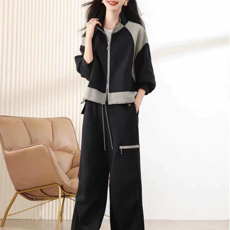 Повседневный спортивный костюм для женщин, осенний свитер на молнии, кардиган, широкие рабочие брюки, комплект из двух предметов