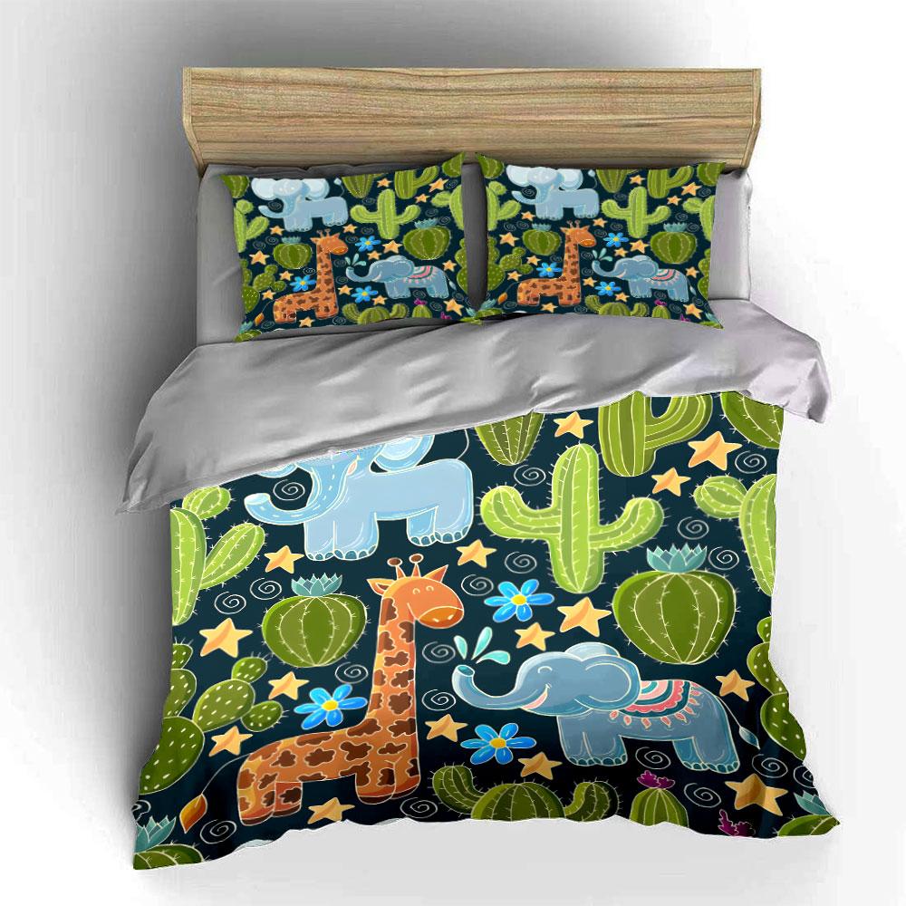 Cartoon Safari Animals & Cactus Bedding Duvet Cover Set (1*Duvet Cover 2*Pillowcases, without duvet insert)