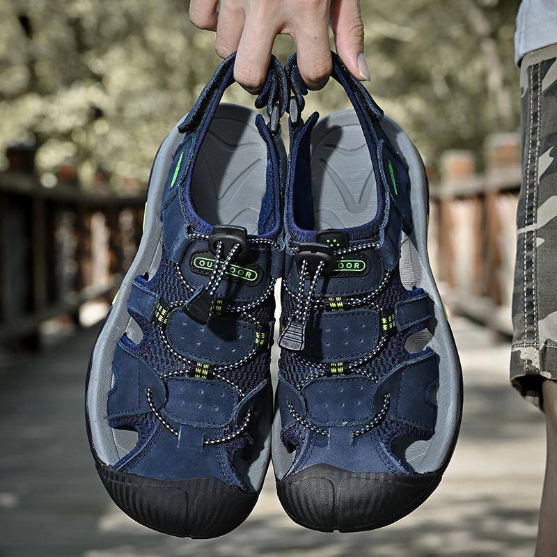 Кожаные мужские пляжные сандалии для воды, летние уличные повседневные спортивные сандалии с закрытым носком, нескользящие мягкие походные забродные кроссовки