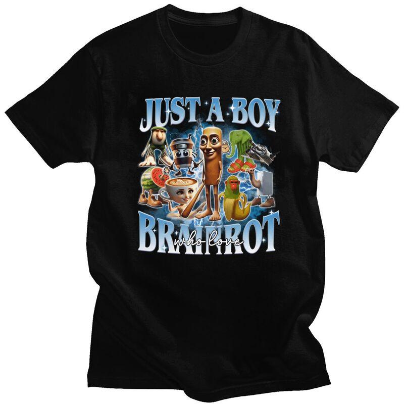 Just A Boy Brainrot Who Love Meme T Shirt for Men 100 Cotton Tshirt Casual Streetwaer Short Sleeve Tee Shirt Clothing Gift