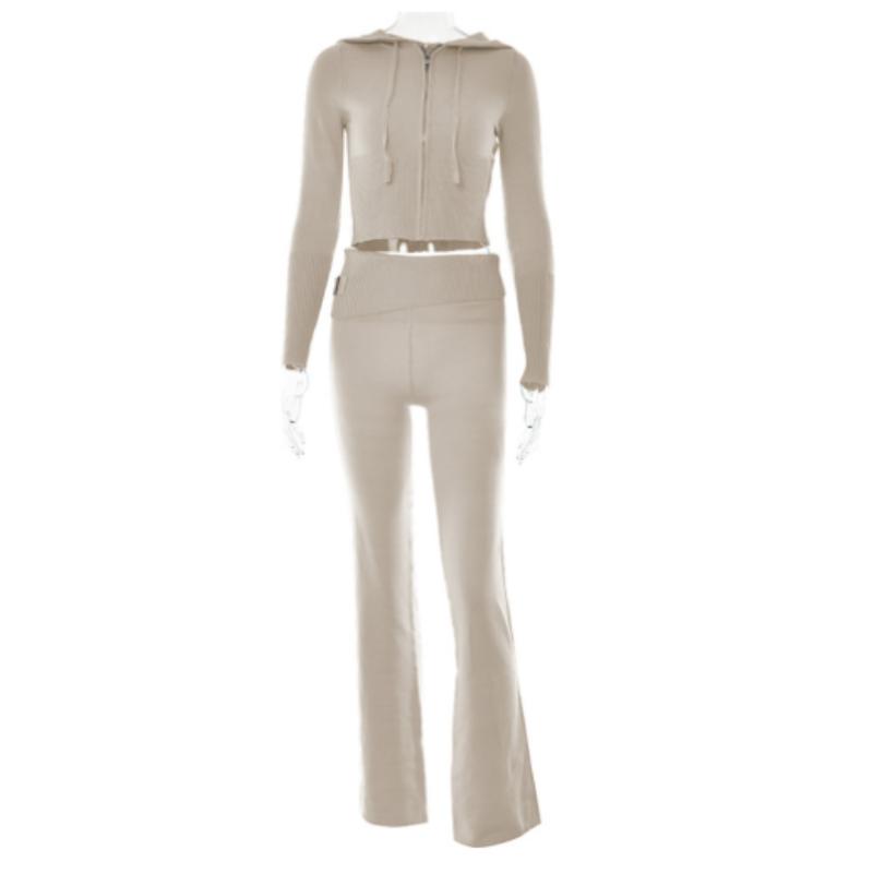 Женский трикотажный свитер с длинным рукавом и капюшоном на молнии, комплект из 2 предметов, спортивный костюм, укороченный топ, расклешенные брюки, подходящий по размеру костюм