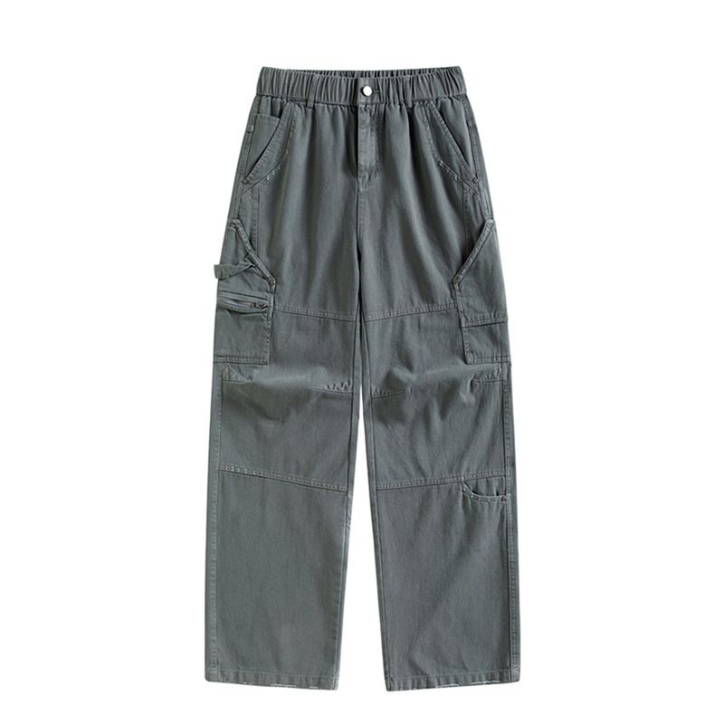 Original Export American Retro Heavy-Duty Work Pants for Men, Loose Wide-Leg Washed Multi-Pocket Elastic Waist Casual Pants