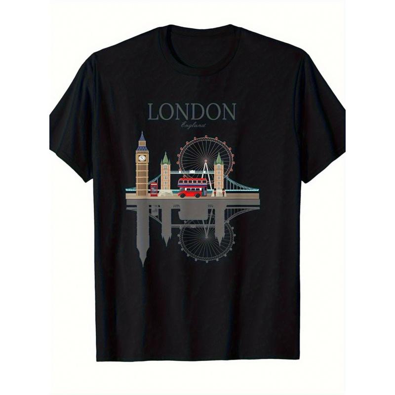 London Souvenir T-Shirt for Men & Women - Vintage British UK Landmarks (Big Ben, London Eye, Red Bus, Taxi, Phone Box) - Iconic London Bridge & Tower