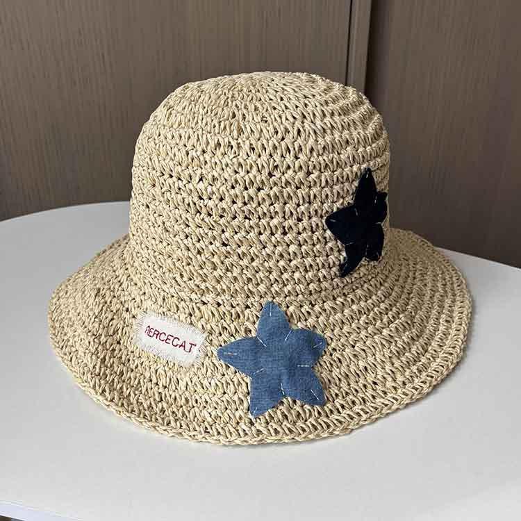 Star patch hollow straw hat women's summer big edge foldable beach hat travel versatile sunscreen visor hat