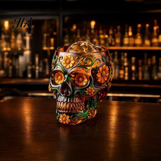 Specialty Spirit Tasting Glass Day of The Dead Wine Glass, with 3D Relief Painting, Hand-Painted Durable Whiskey Cup Gothic Skull Cup, for Halloween
