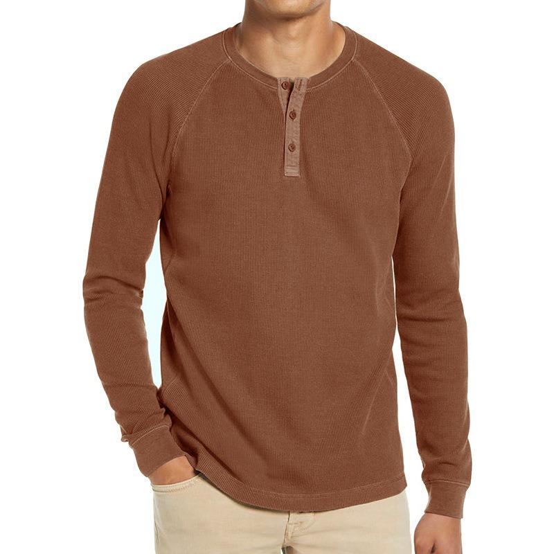 Men S Long Sleeve Waffle Knit Round Neck T Shirt Basic Top