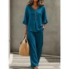 2026 Womens Casual Button V-Neck Ruffled 3/4 Sleeve Top Pants Set