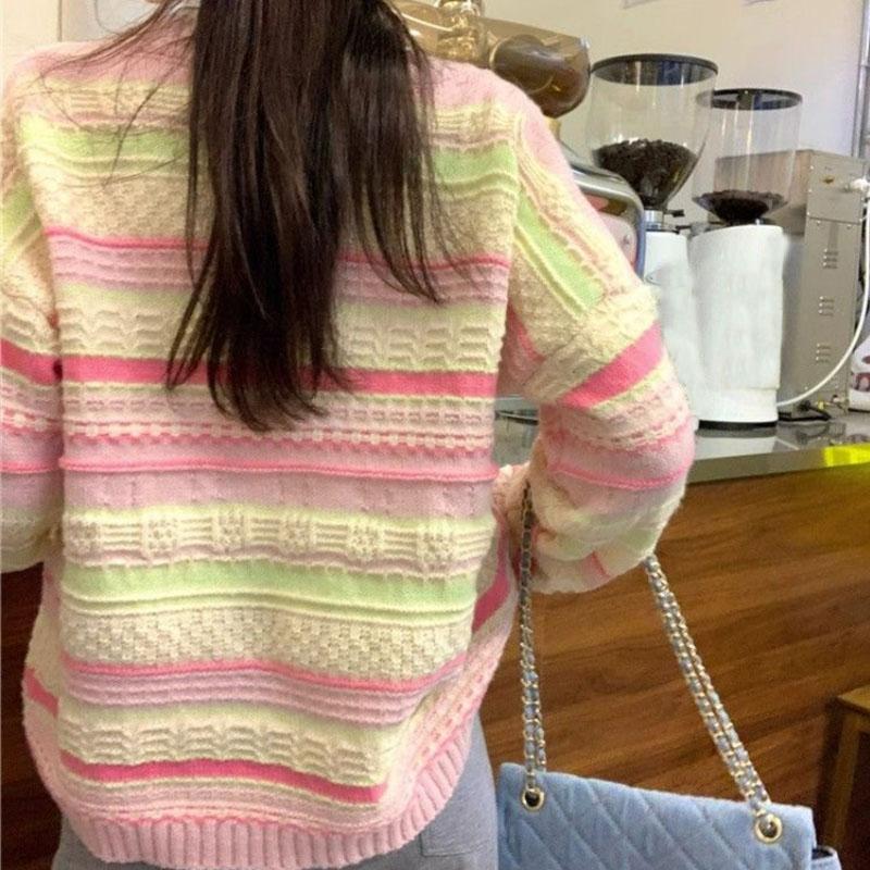 Sweet Dopamine Rainbow Stripes Свободный и тонкий свитер Вязаный кардиган с круглым вырезом Универсальный кардиган с длинными рукавами Свитер Женское пальто