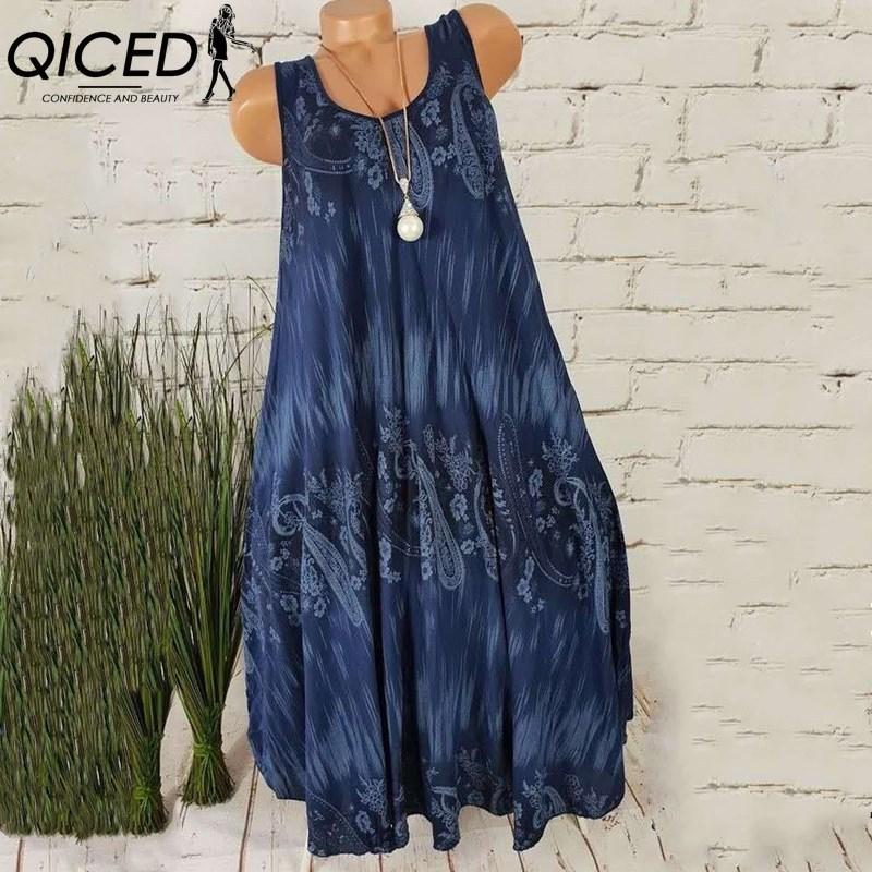 QICED Летнее платье без рукавов с цветочным принтом и круглым вырезом - Легкое и струящееся для повседневной носки и пляжа