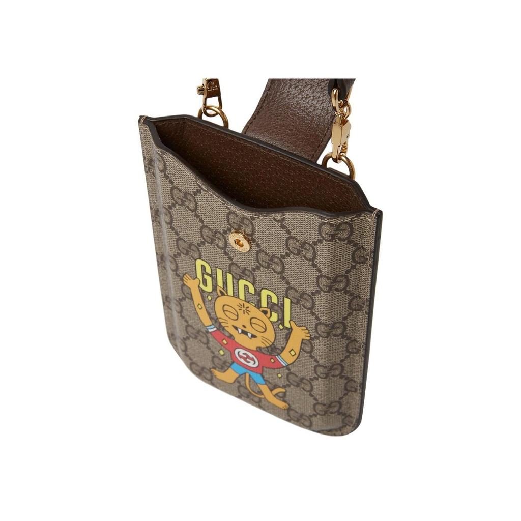 Gucci Логотип с принтом кошки Холст и кожаная сумка через плечо для телефона Мужские сумки Эбеновое дерево 700732-U1GBG-8679