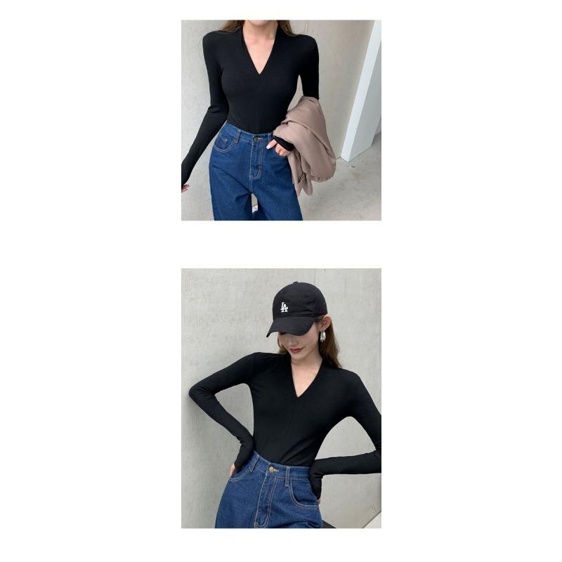 Women S V Neck Long Sleeve Slim Fit Solid Color Base T Shirt