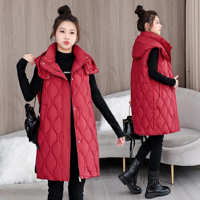 Autumn and Winter Large Size Thickened Cotton Clothes Medium and Long Knee Vest Girls Sleeveless Cotton Vest Jacket
