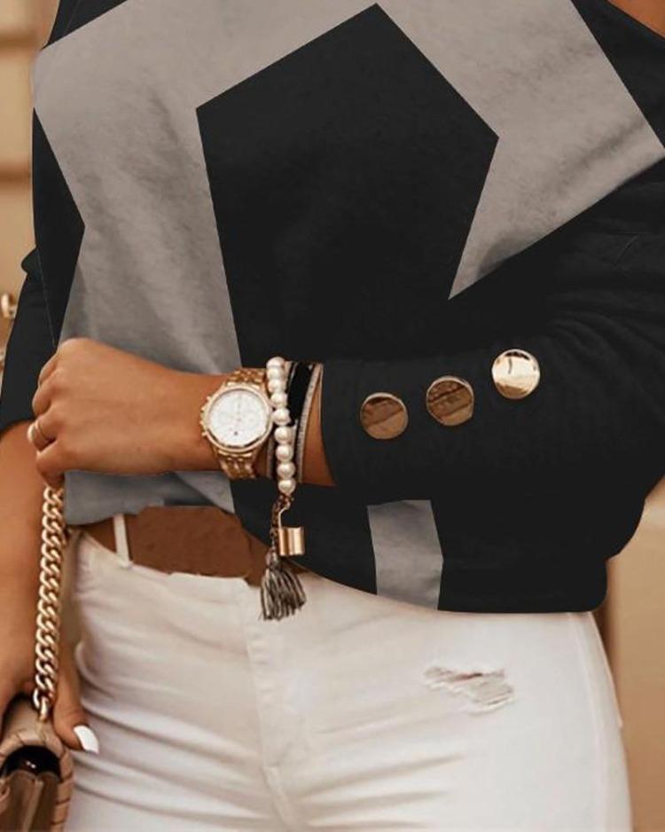 Women Long Sleeve Chain Halter Neck Printed Tops Autumn Winter Button Decorated Fashion