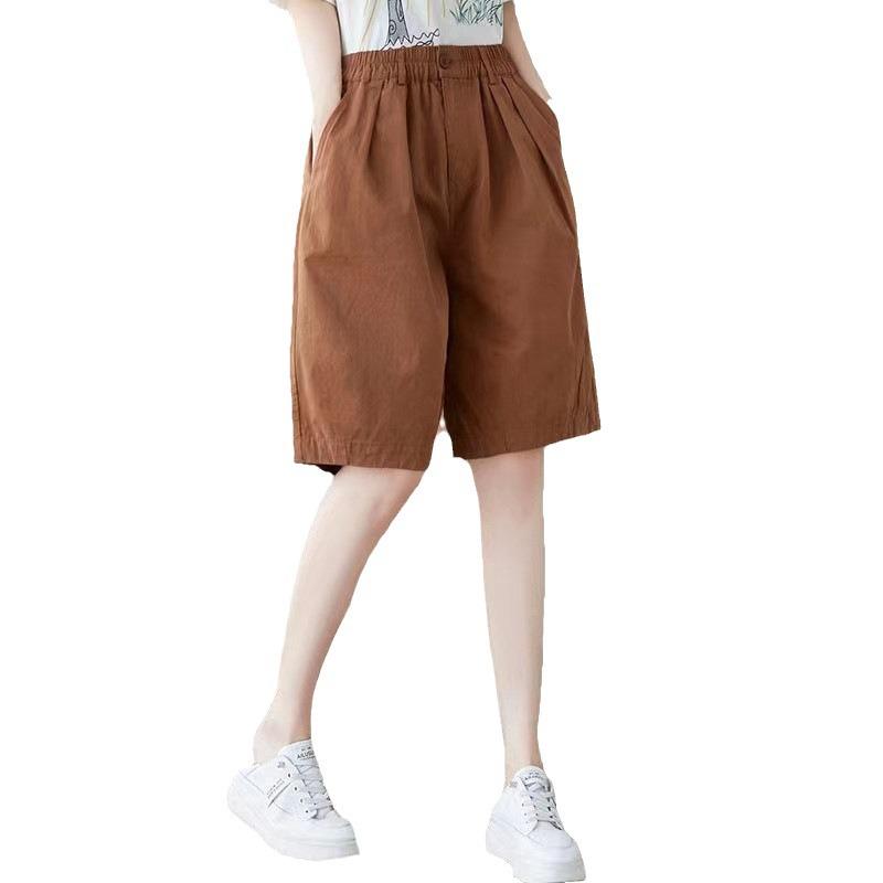 Women's Trendy Cotton Casual Loose-Fit Elastic Waist Shorts - Solid Color, Plus Size, Summer Style