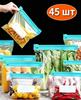 Набор пакетов для хранения продуктов - 45 шт. (20 маленьких, 15 средних, 10 больших) - Пищевой пластик для свежести на кухне