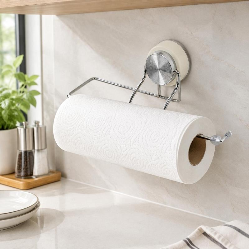 Suction-Mounted Paper Towel Dispenser, ABS and Metal Roll Rack for Horizontal Placement on a Wall or Cabinet Base