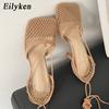 Fashion Eilyken Summer Autumn Sexy Mesh Pumps Sandals Female Square Toe High Heel Lace Up Cross-tied Stiletto Hollow Dress Stripper Shoe