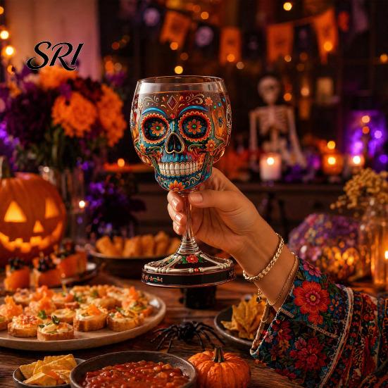 Skeleton Themed Wine Glass Gothic Skull Glass, Hand Painted Goblet, Day Art Glassware of The Dead Decor, Unique Bar Gift for Halloween Altar Accessory