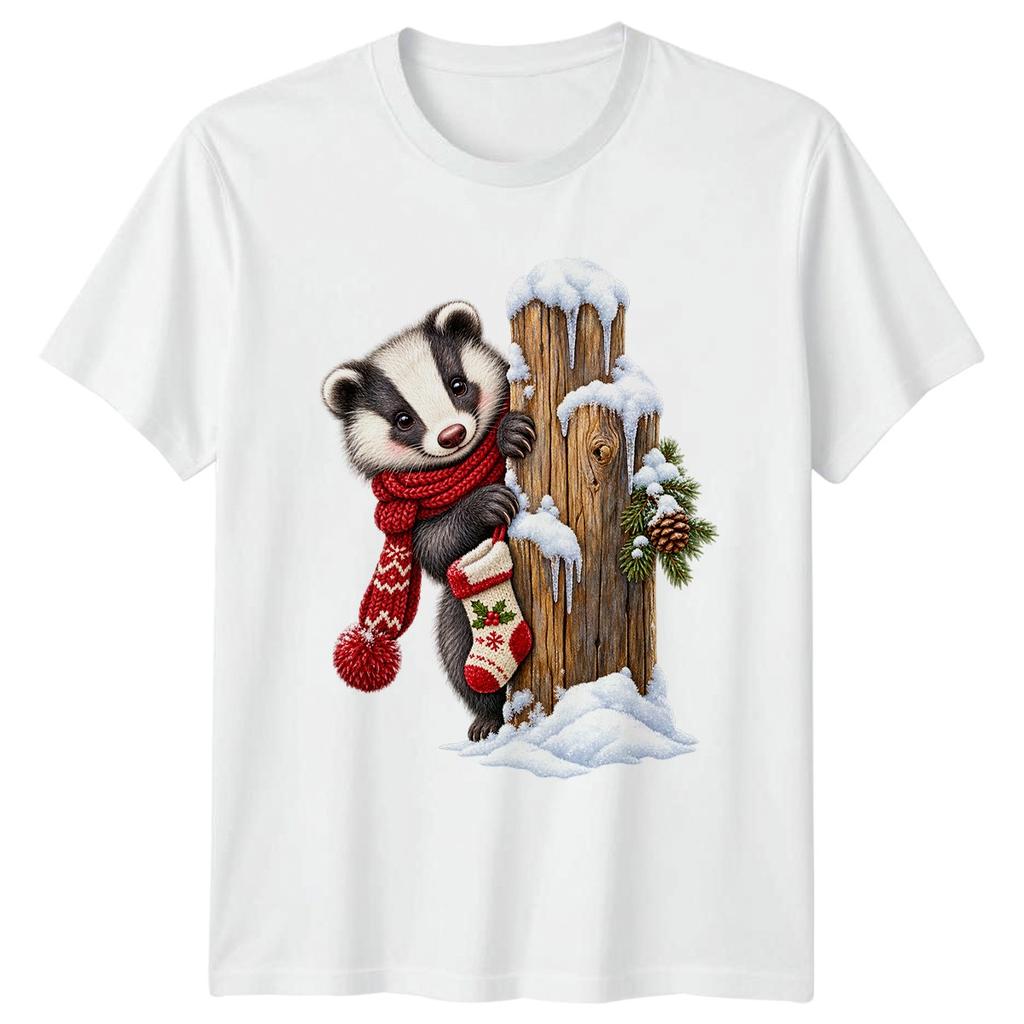 Cute Badger T-Shirt Festive Christmas Winter Cartoon Wildlife Lover Gift