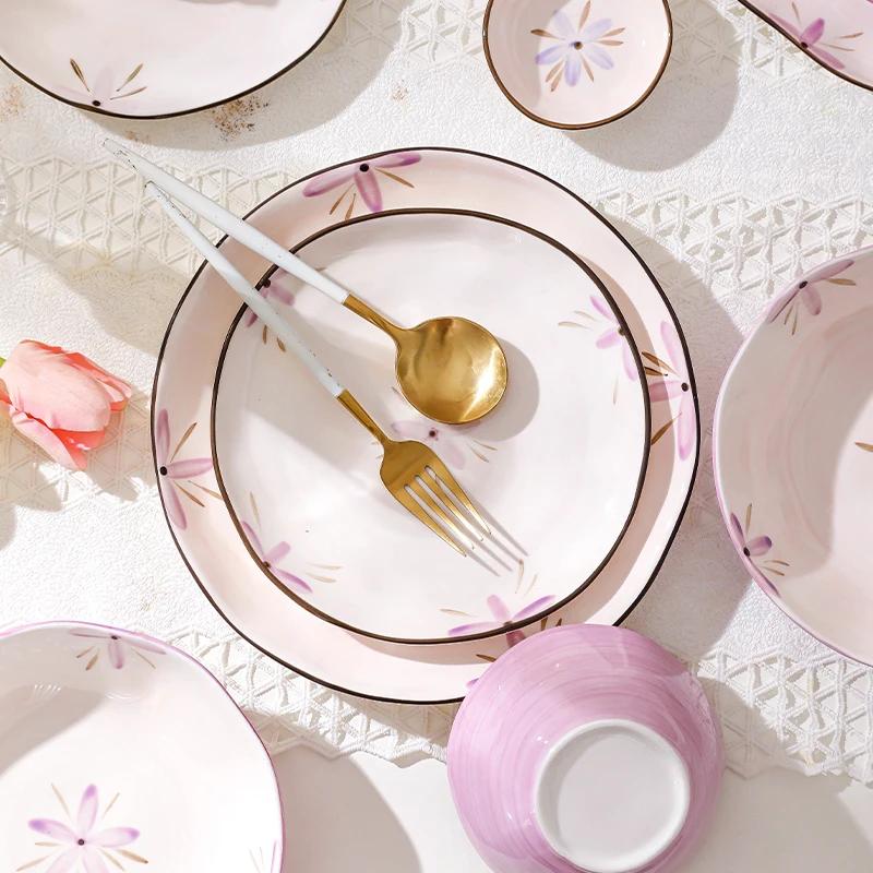 Романтичные фиолетовые керамические тарелки, легкие, роскошные, ресторанные, фруктовые, салатные, домашняя кухня, паста, обеденная тарелка, изысканные миски для риса