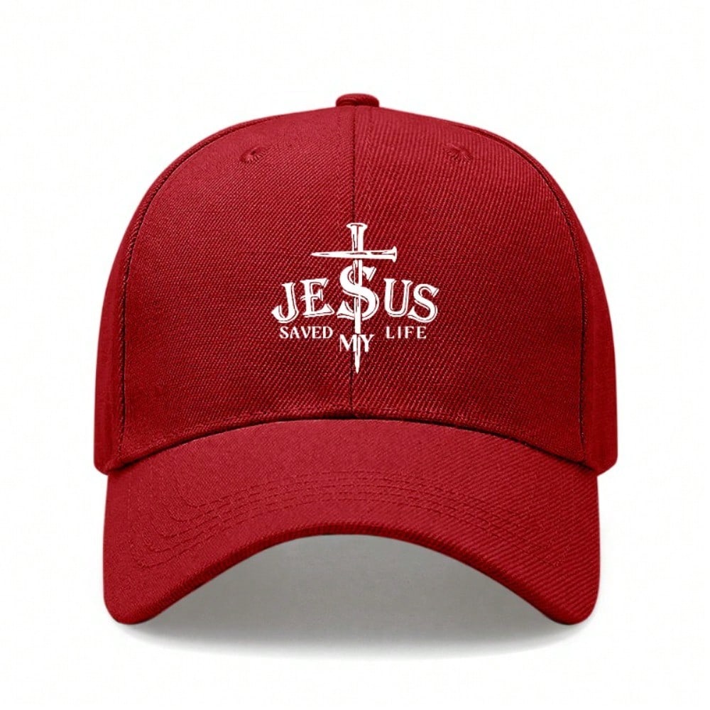 [Faith Baseball Cap] Unisex "JESUS SAVED MY LIFE" Printed Beige Polyester Adjustable Soft Fabric Casual Outdoor Sports Baseball Hat