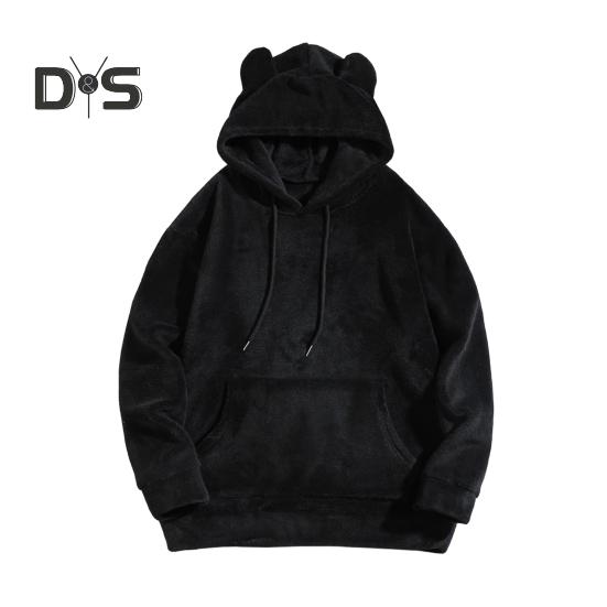 Зимняя мужская толстовка с капюшоном с декором в виде мультяшных ушей, двусторонний бархат с большим передним карманом, свободный длинный рукав, термотоп с эластичными манжетами, повседневная, на каждый день