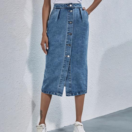 Юбка-карандаш с запахом на бедрах, однобортная, наклонные карманы, разрез спереди, модная высокая