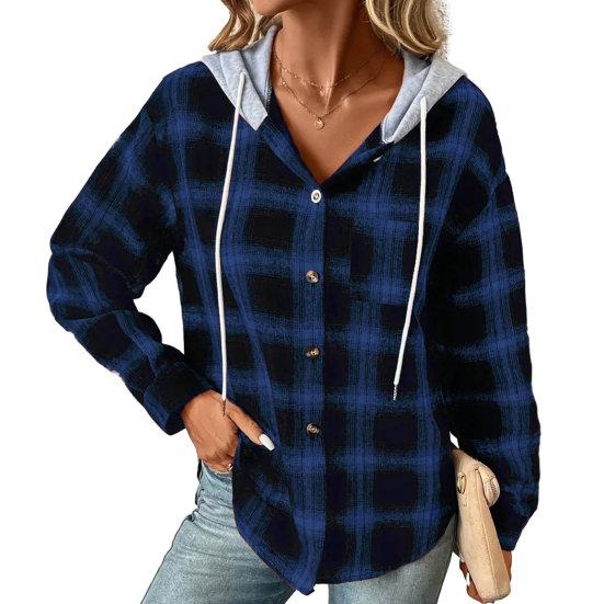 Autumn Winter Women Hoodie Coat Plaid Solid Color Stitching Hooded Drawstring Patch Pocket Long Sleeve Single Breasted Sweatshirt Jacket