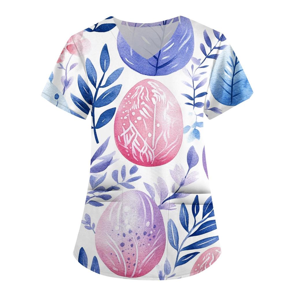 Женская модная рабочая одежда с V-образным вырезом и короткими рукавами, с карманами, с принтом в виде пасхального топа, одежда для ухода