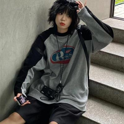 Y2K Vintage футболка с длинным рукавом женская уличная одежда Harajuku серый пуловер толстовки свободного покроя ретро лоскутное принт футболки