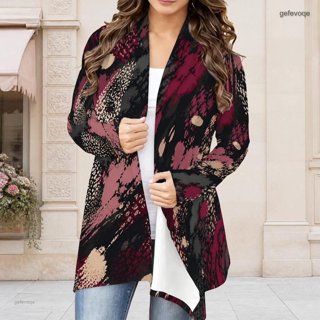 Women Plus Size Open Front Long Sleeve Draped Collar Floral Printed Curved Hem Cardigan