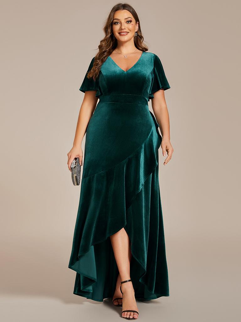 Ever-Pretty Women's Plus Size Velvet Lotus Leaf Ruffles Short Sleeves V Neck High-Low Hem Evening Dress
