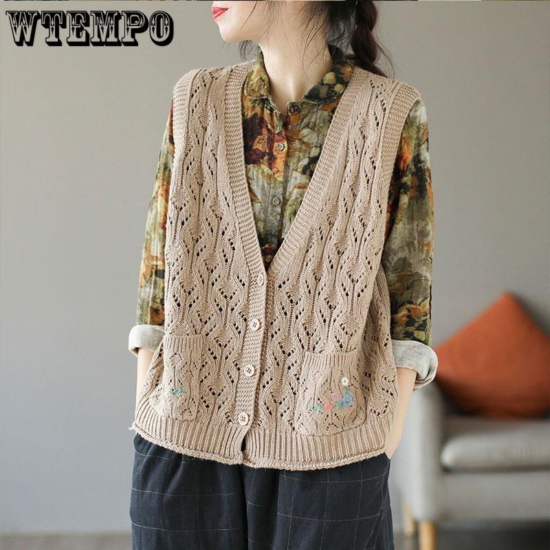 Sweater Vest Women's Retro Loose Knit Vest Short Style Solid Color Embroidery Pocket Hollowed Out Sleeveless Cardigan Vest