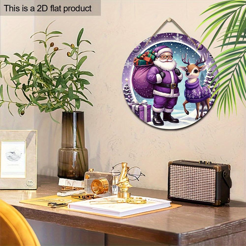 Фиолетовая Рождественская Деревянная Табличка с Узором Санта-Клауса и Лося, Зимняя Рождественская Круглая Табличка для Декора Входной Двери, Идеальный Рождественский Подарок