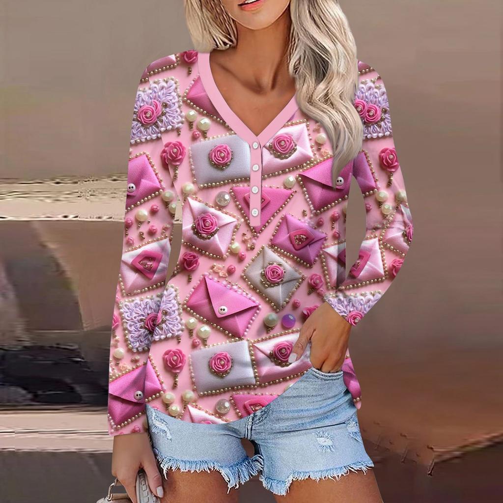 Женский модный повседневный топ с длинным рукавом и V-образным вырезом на пуговицах ко Дню святого Валентина с принтом в виде сердца