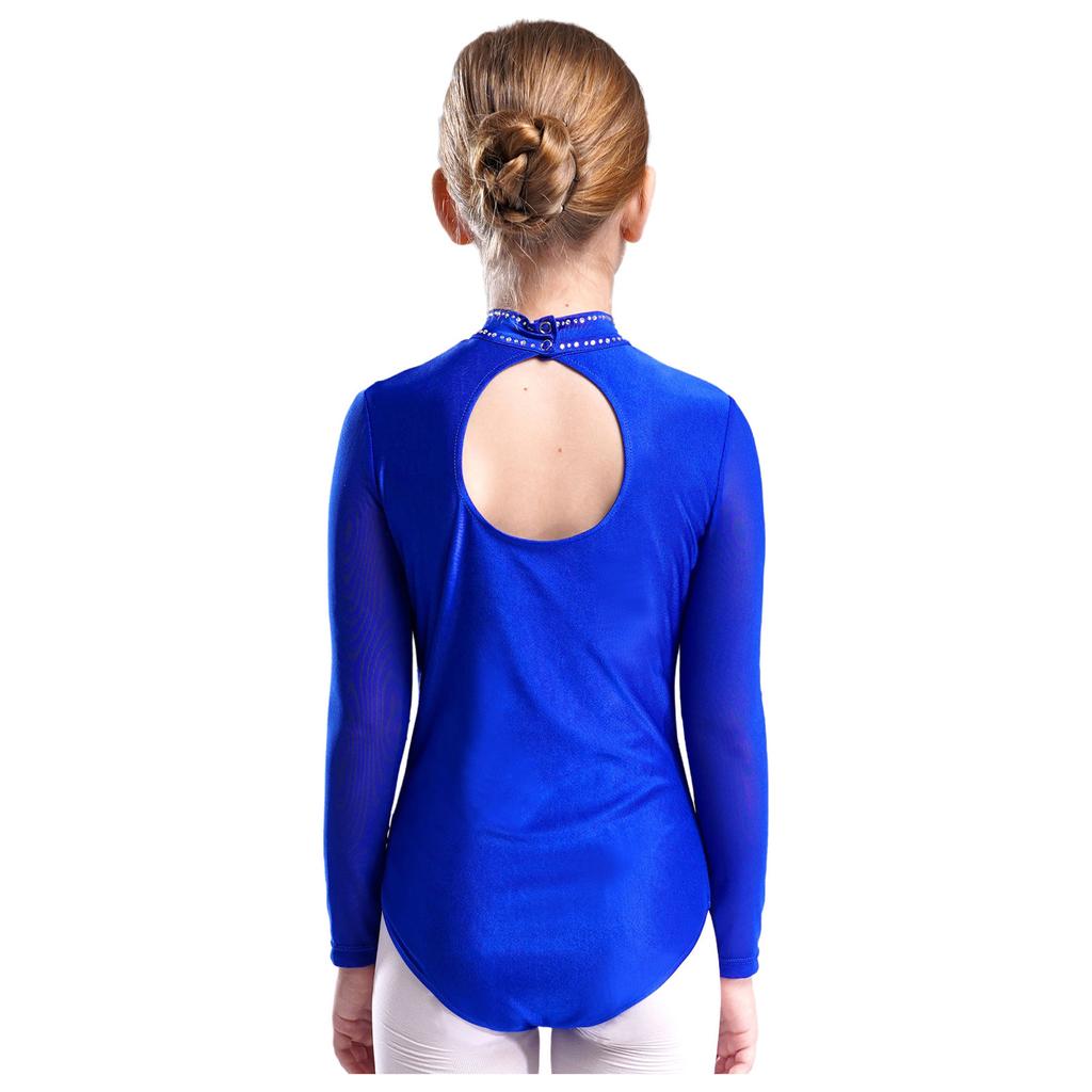 Girls Sheer Mesh Long Sleeve Leotard Cutout Back Sparkly Rhinestone Gymnastics Figure Skating Costume