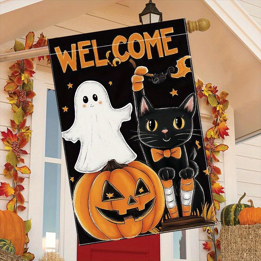 Welcome Halloween Garden Flag - Cute Smiling Pumpkin, Bat, & Black Cat Design, Double-Sided Outdoor Decoration, Polyester, Halloween Decorations