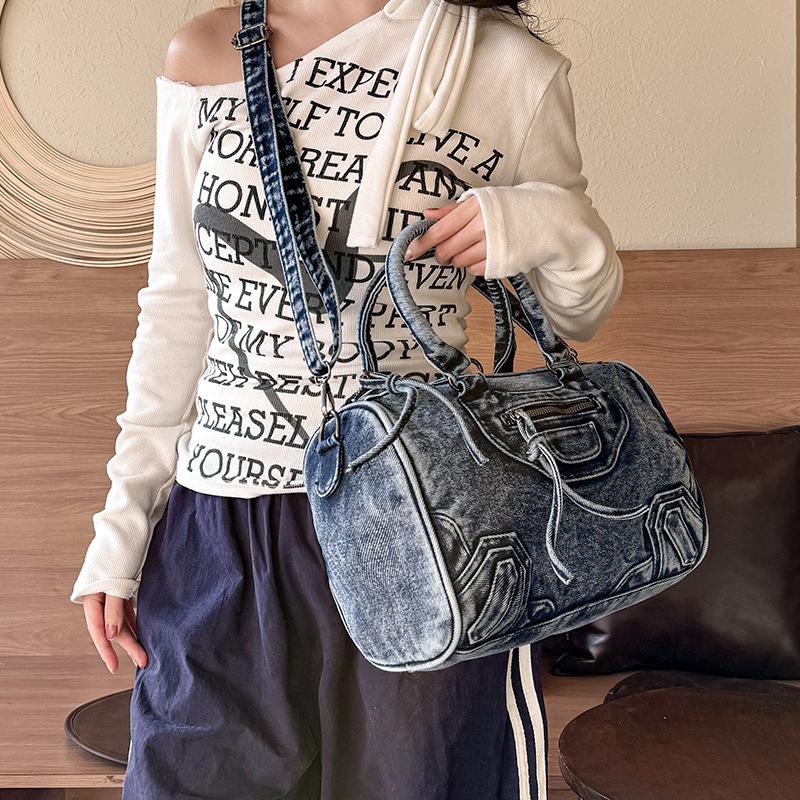 Cross-border Locomotive Bag Retro Washed Denim Cloth Splicing Portable Large-capacity Travel Shoulder Messenger Bag