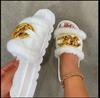 Plus Size Women Shoes Autumn Plush Slippers Fashion Open Toe Solid Color Metal Chain Indoor Casual Shoes 36-43 Slippers Women