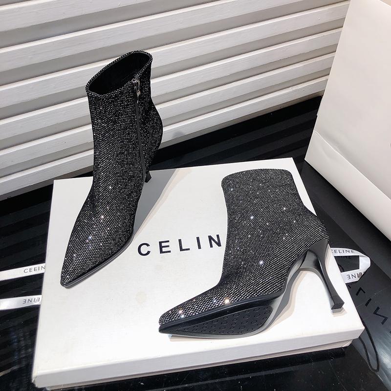 Мода Женские ботильоны с пайетками Модные короткие ботильоны с острым носком Осень-зима Женская обувь на высоком каблуке Botas Mujer