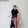 MODIQUE Summer Plus Size New Women Loose Patchwork A-Line Lace Printing Plaid Long Dresses Elegant Lady Casual Cotton O-Neck Short Sleeve Skirt