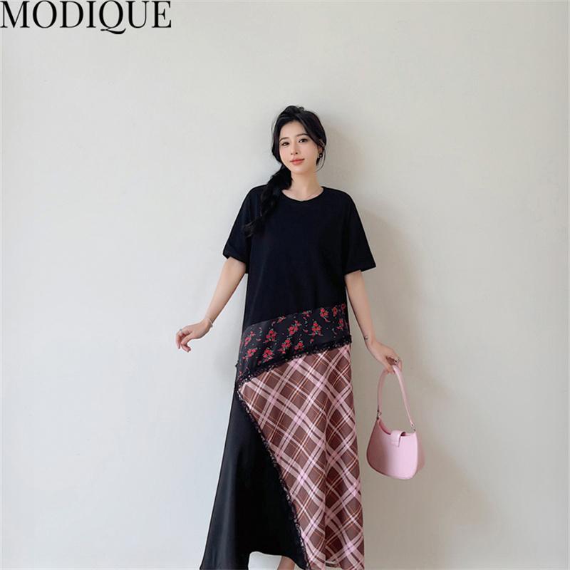 MODIQUE Summer Plus Size New Women Loose Patchwork A-Line Lace Printing Plaid Long Dresses Elegant Lady Casual Cotton O-Neck Short Sleeve Skirt