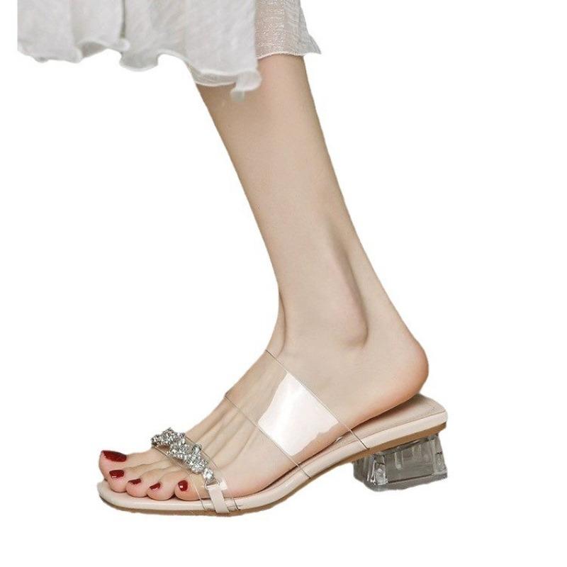 2024 Летние уличные прозрачные одно слово крутые тапочки с толстым каблуком и кристаллами универсальные юбки